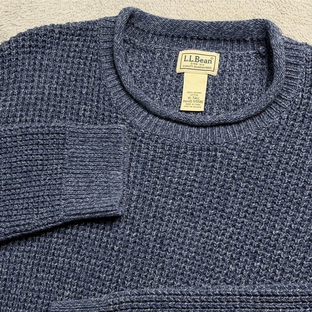 LL Bean Mens XL Tall Blue Organic Cotton Waffle Knit Crewneck Sweater 515580